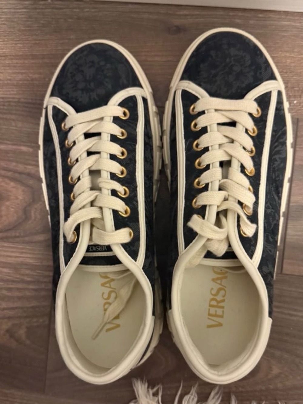 Versace Black and Cream Low-Top Sneakers with Gold Eyelets